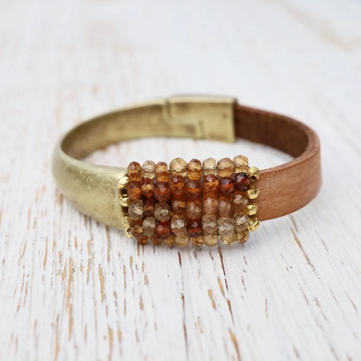 Hand Stitched Hessonite Garnet with Vermeil Trim & Leather Bracelet