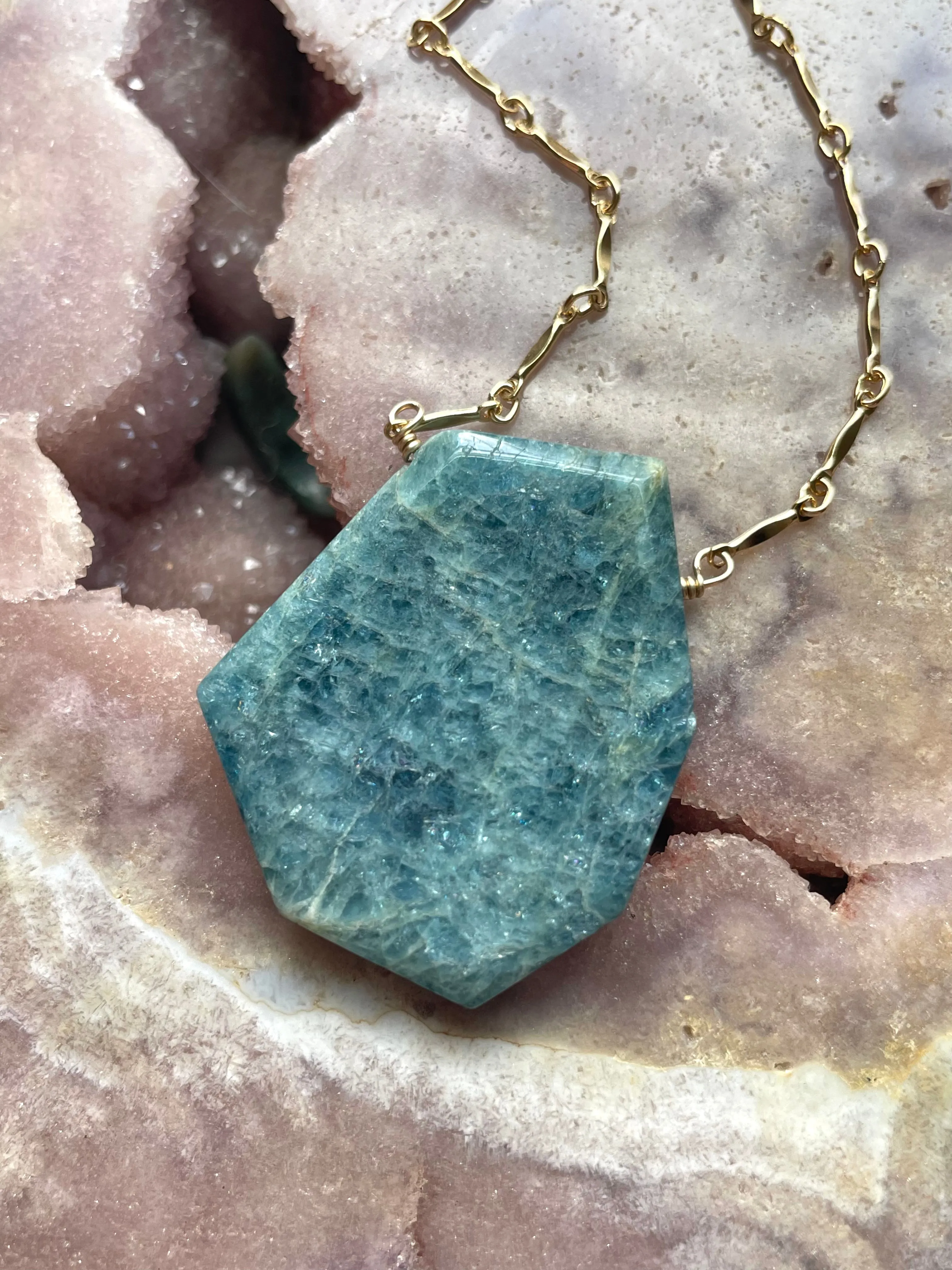 Large Blue Aquamarine Statement Necklace Gold Filled