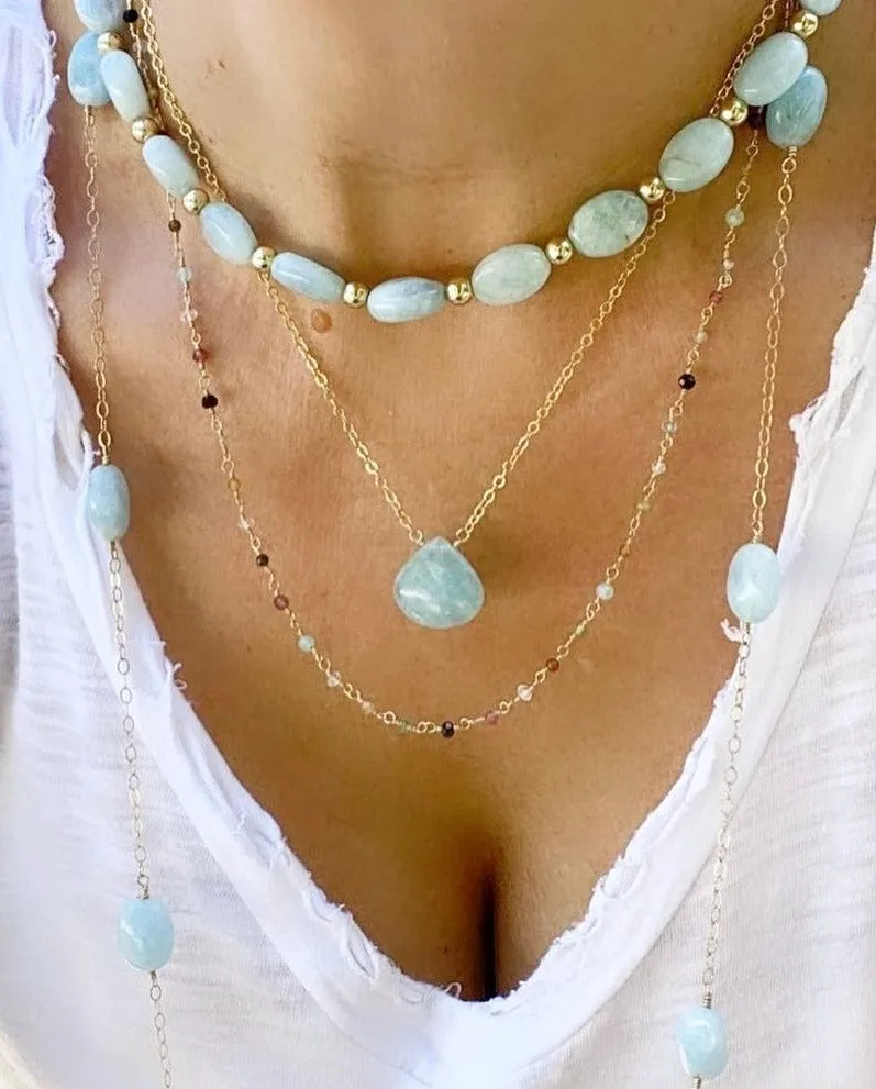 Long Gold Necklace with Aquamarine Nuggets