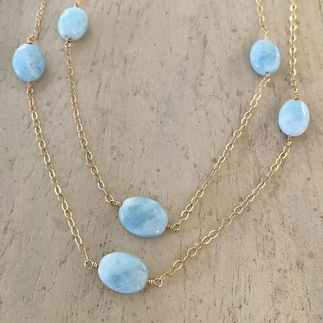 Long Gold Necklace with Aquamarine Nuggets