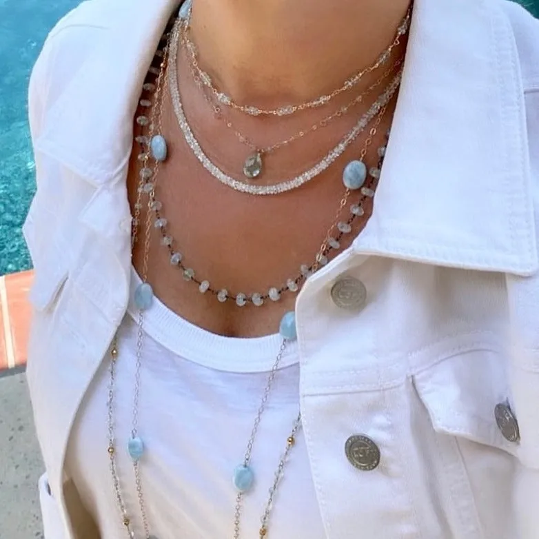 Long Gold Necklace with Aquamarine Nuggets