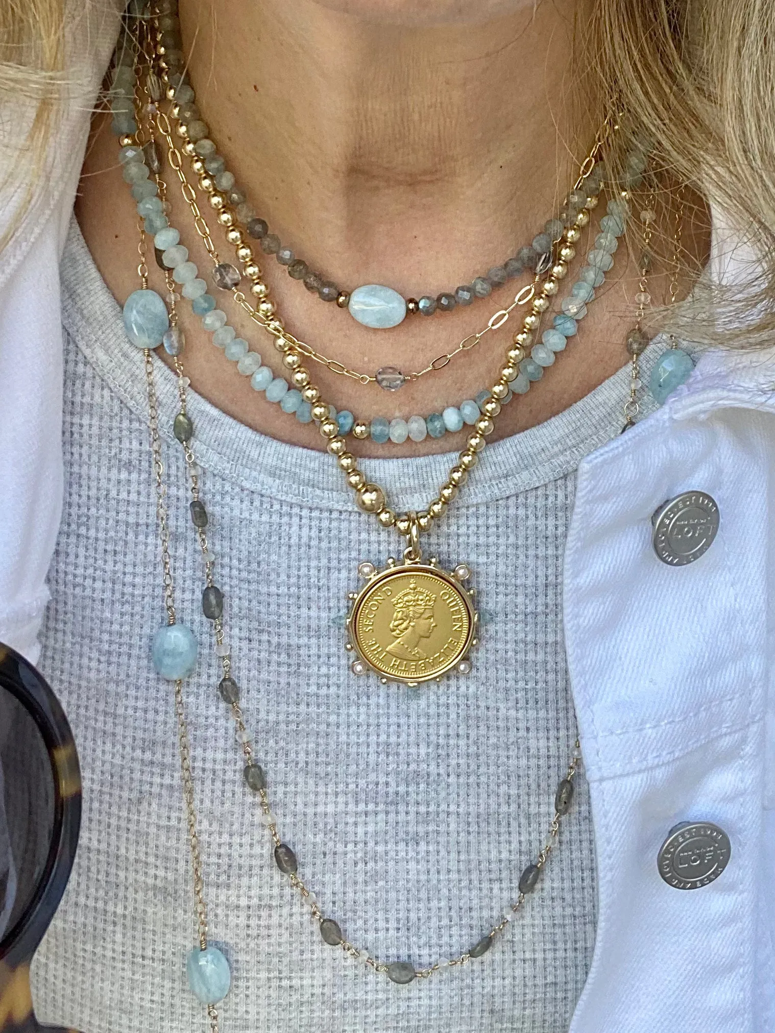Long Gold Necklace with Aquamarine Nuggets