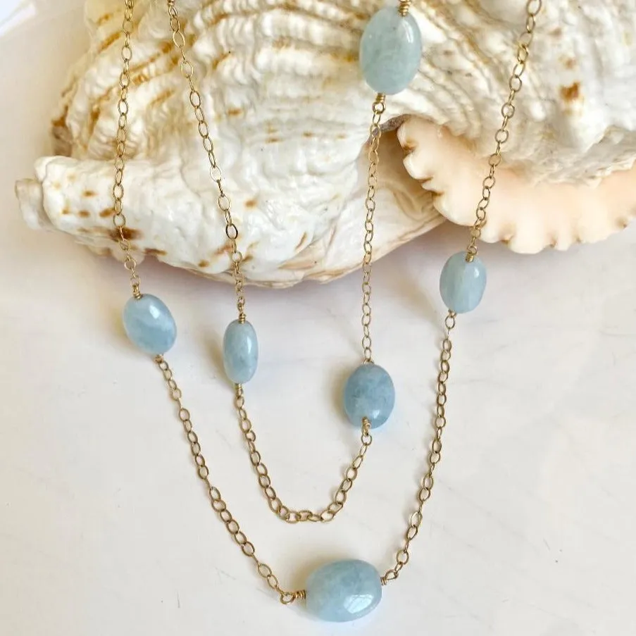 Long Gold Necklace with Aquamarine Nuggets