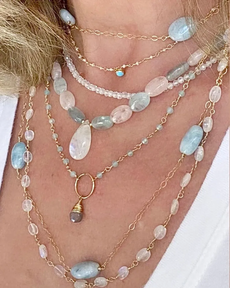 Long Gold Necklace with Aquamarine Nuggets