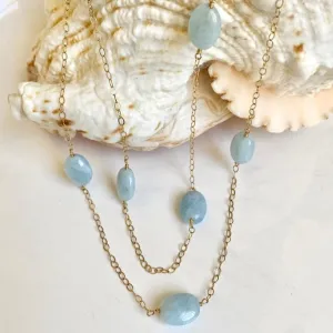 Long Gold Necklace with Aquamarine Nuggets