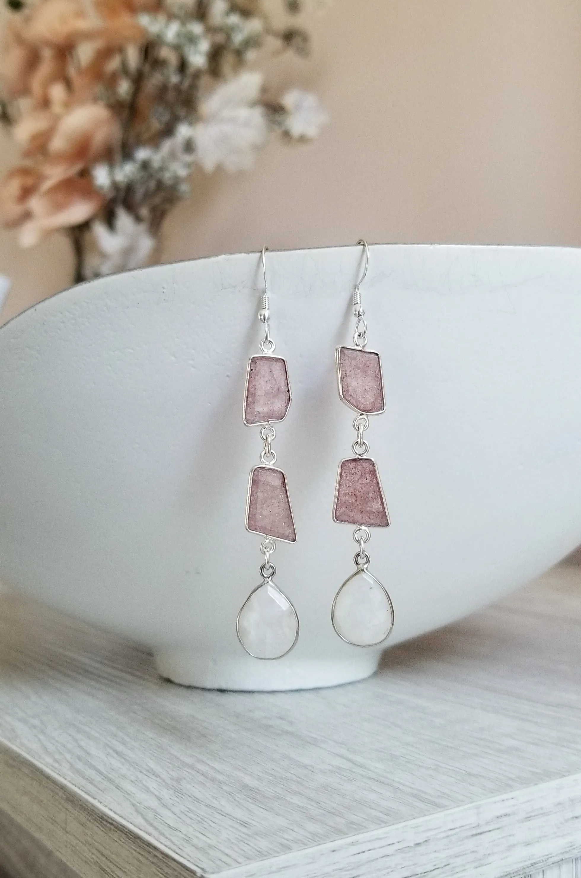 Long Moonstone and Strawberry Quartz Earrings, Gem Drop Earrings for Women
