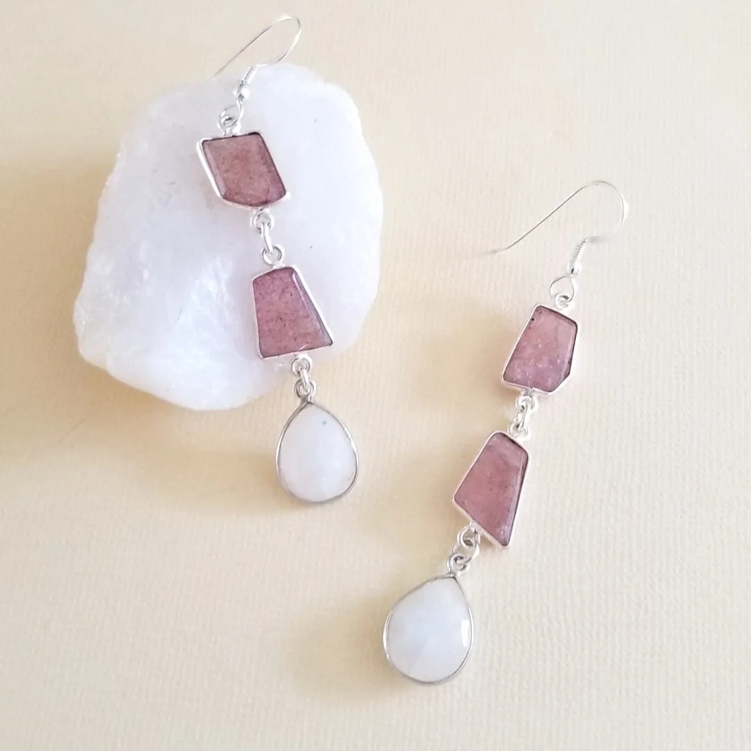 Long Moonstone and Strawberry Quartz Earrings, Gem Drop Earrings for Women