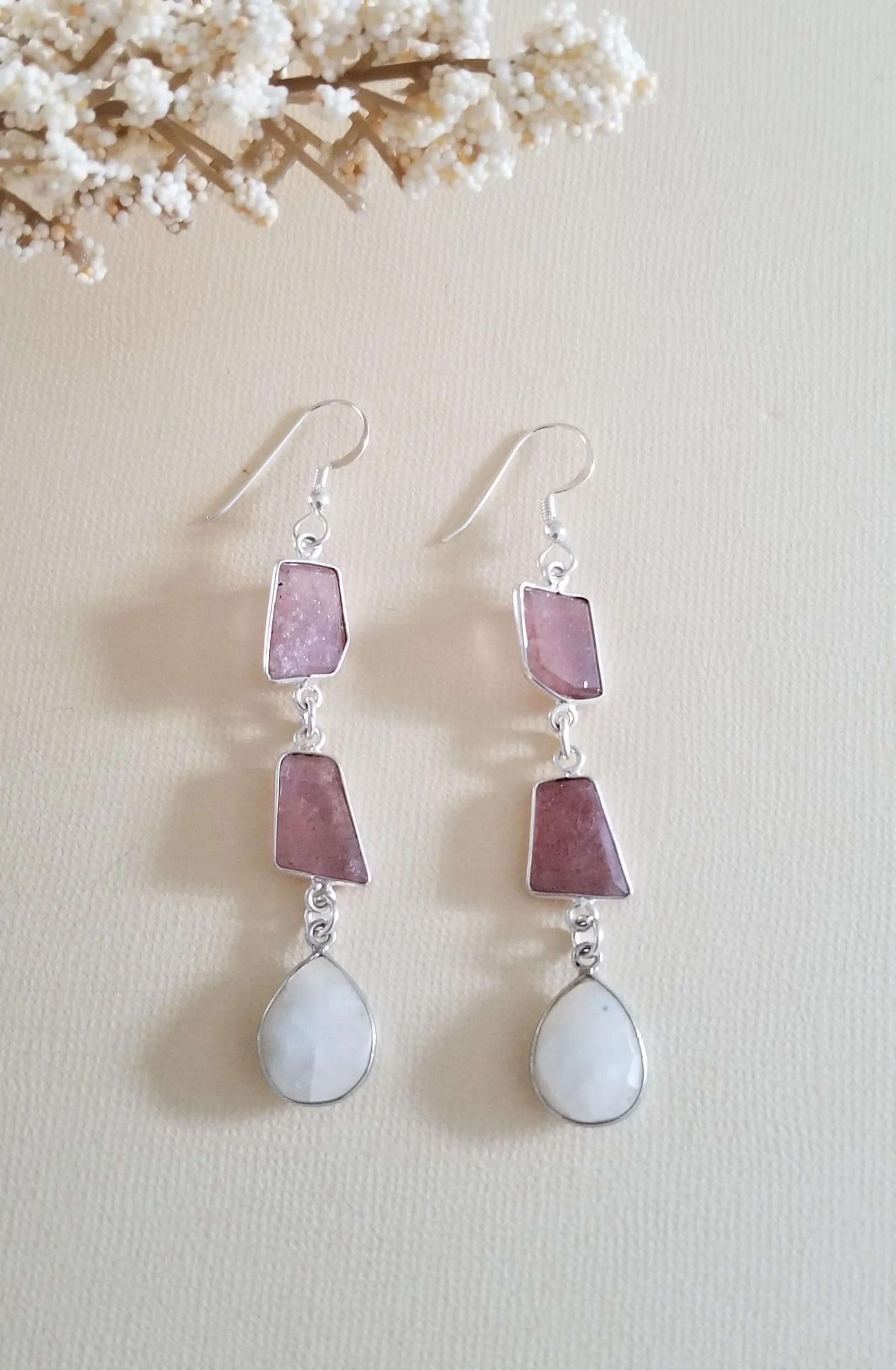 Long Moonstone and Strawberry Quartz Earrings, Gem Drop Earrings for Women