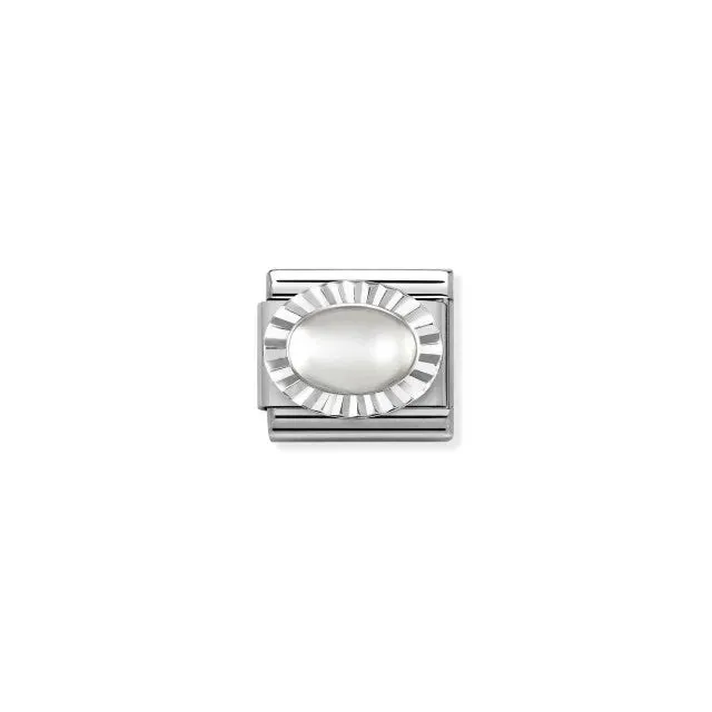 Pleated Surround Oval Moonstone Charm - Silver