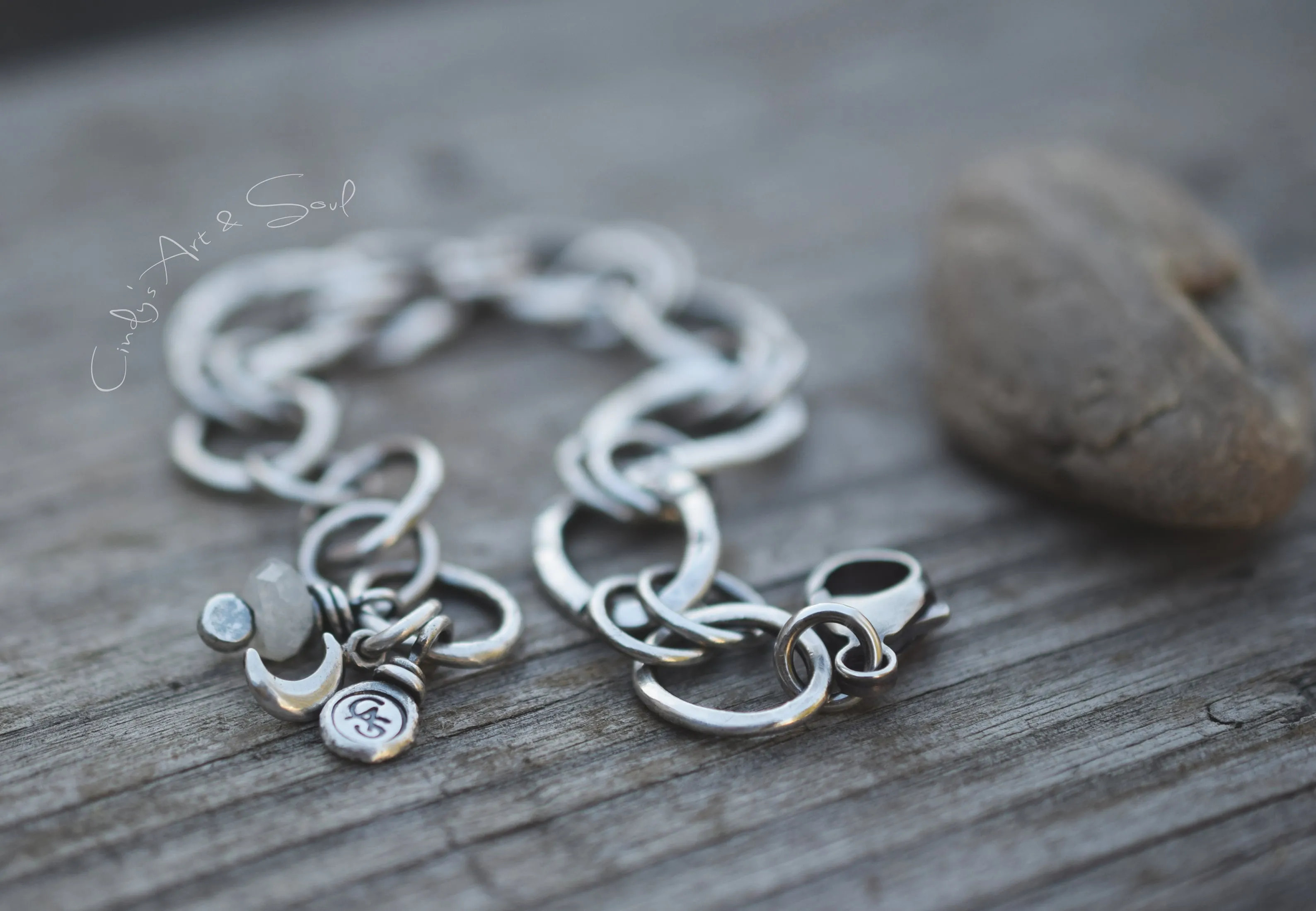 Pure Silver Handcrafted Chain Bracelet. Moonstone Gemstone Crescent Moon Jewelry