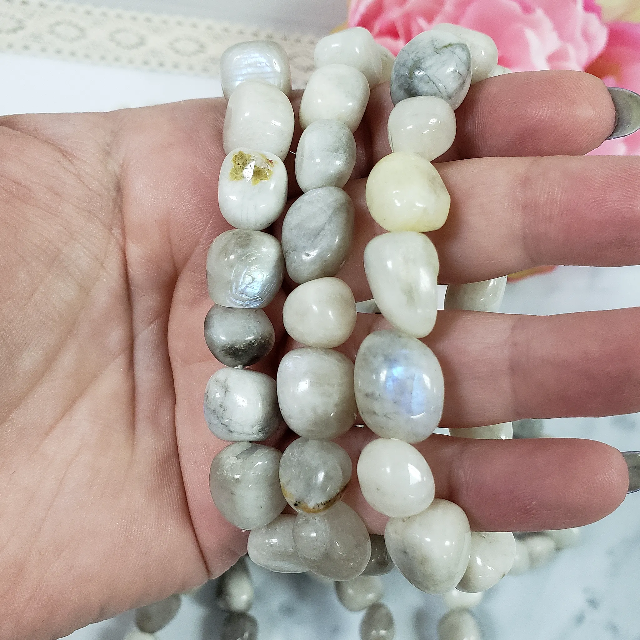 Rainbow Moonstone Crystal Natural Gemstone Nugget Bead Bracelet