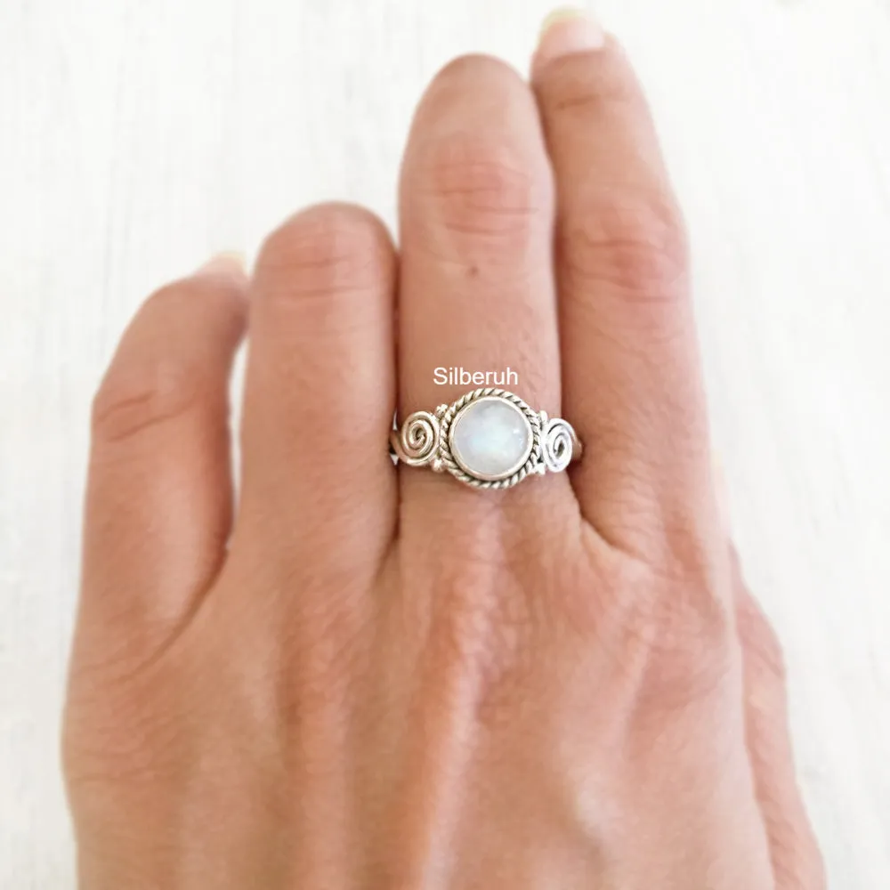 Rainbow Moonstone Tribal Silver Ring