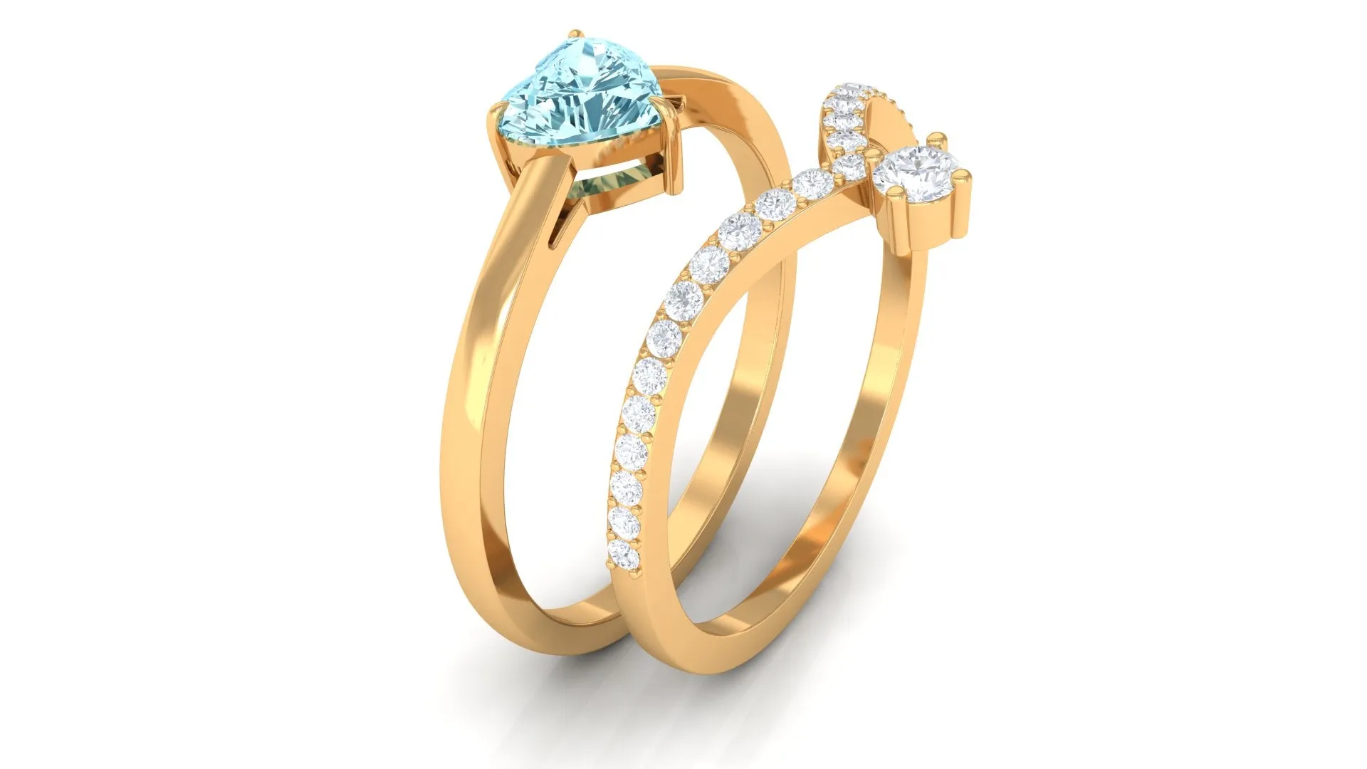 Real Aquamarine Heart Ring Set with Diamond