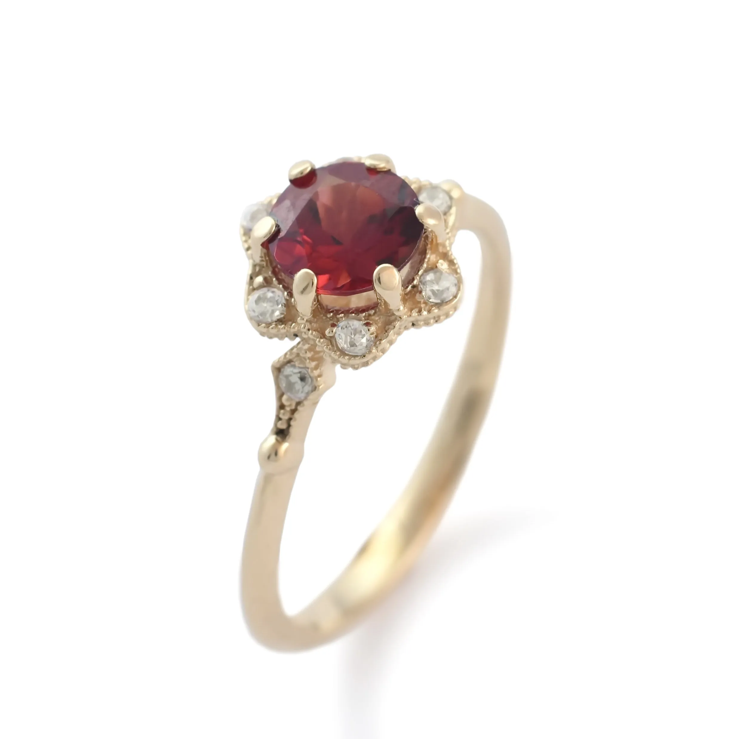 RG1854 Gold flower ring with Garnet and CZ