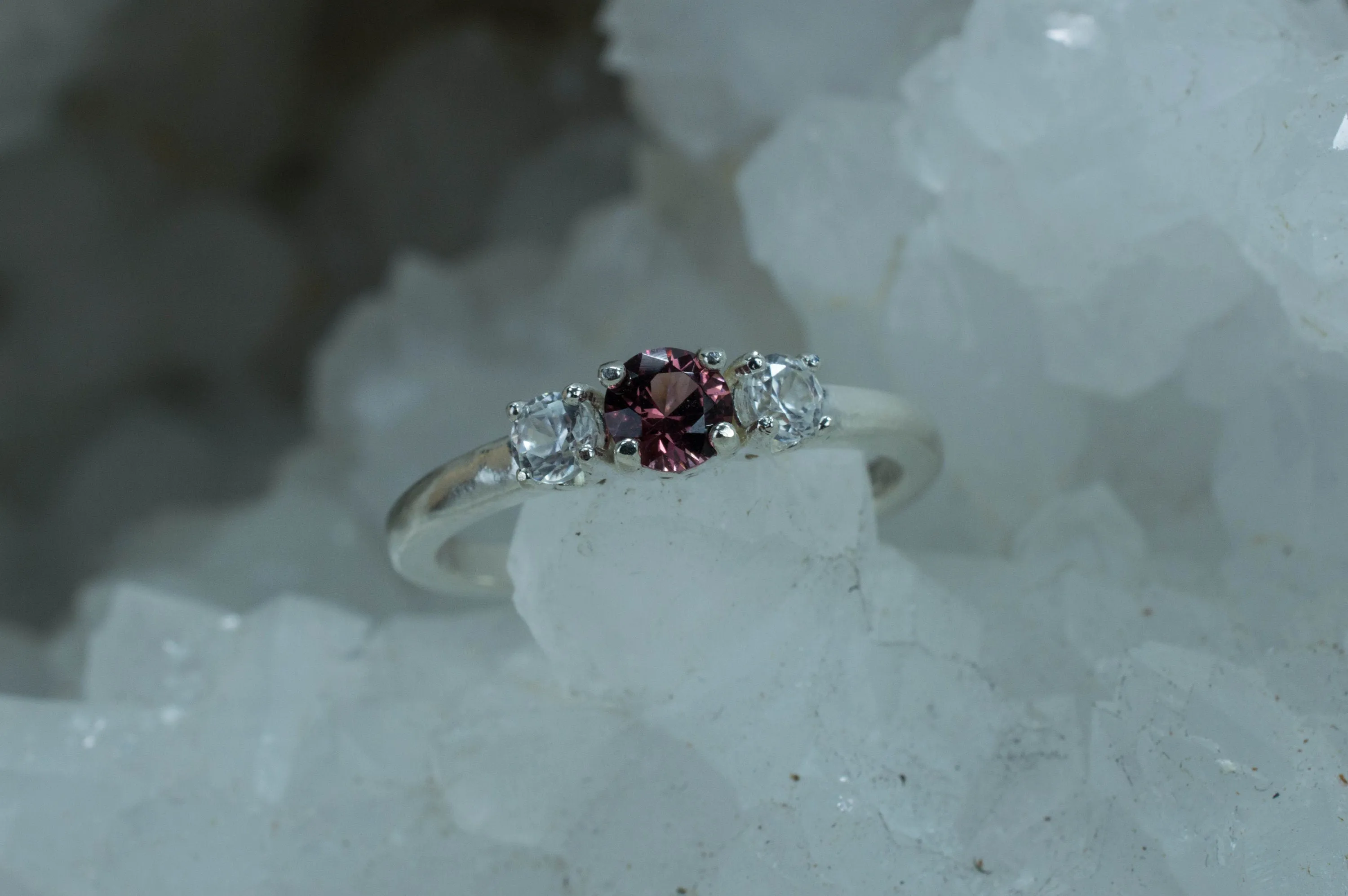 Rhodolite Garnet and Zircon Sterling Silver Ring, Genuine Garnet and Zircon