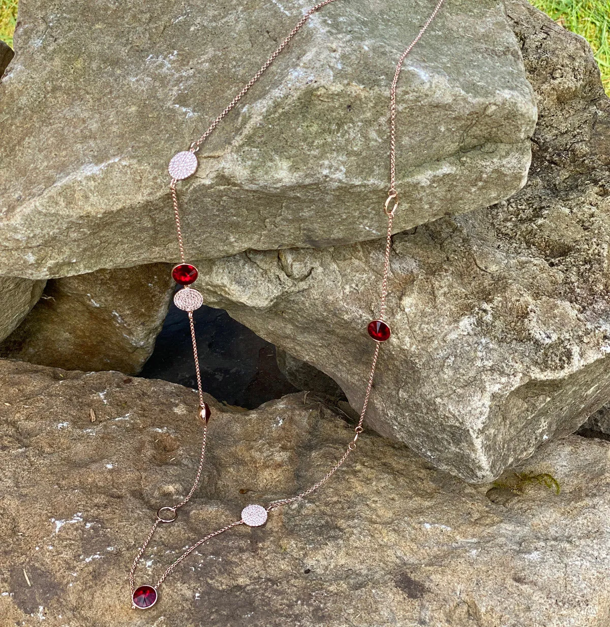 Ruby Rose Gold Diamante Garnet Long Necklace