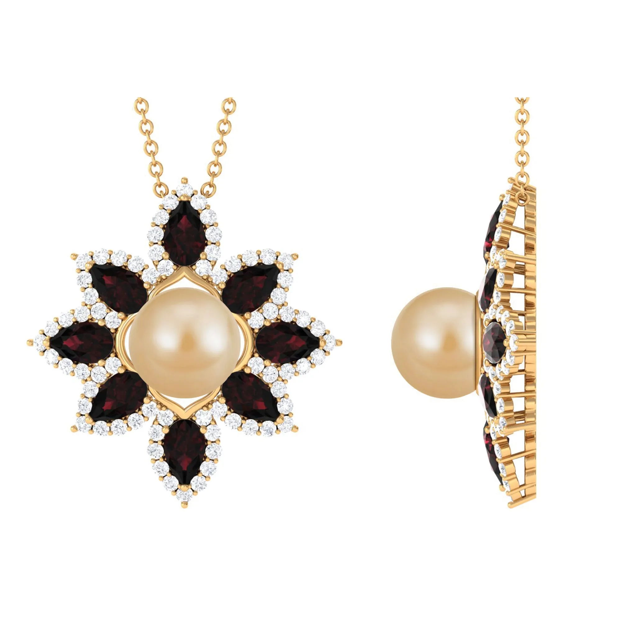 South Sea Pearl Flower Pendant Necklace with Garnet and Diamond