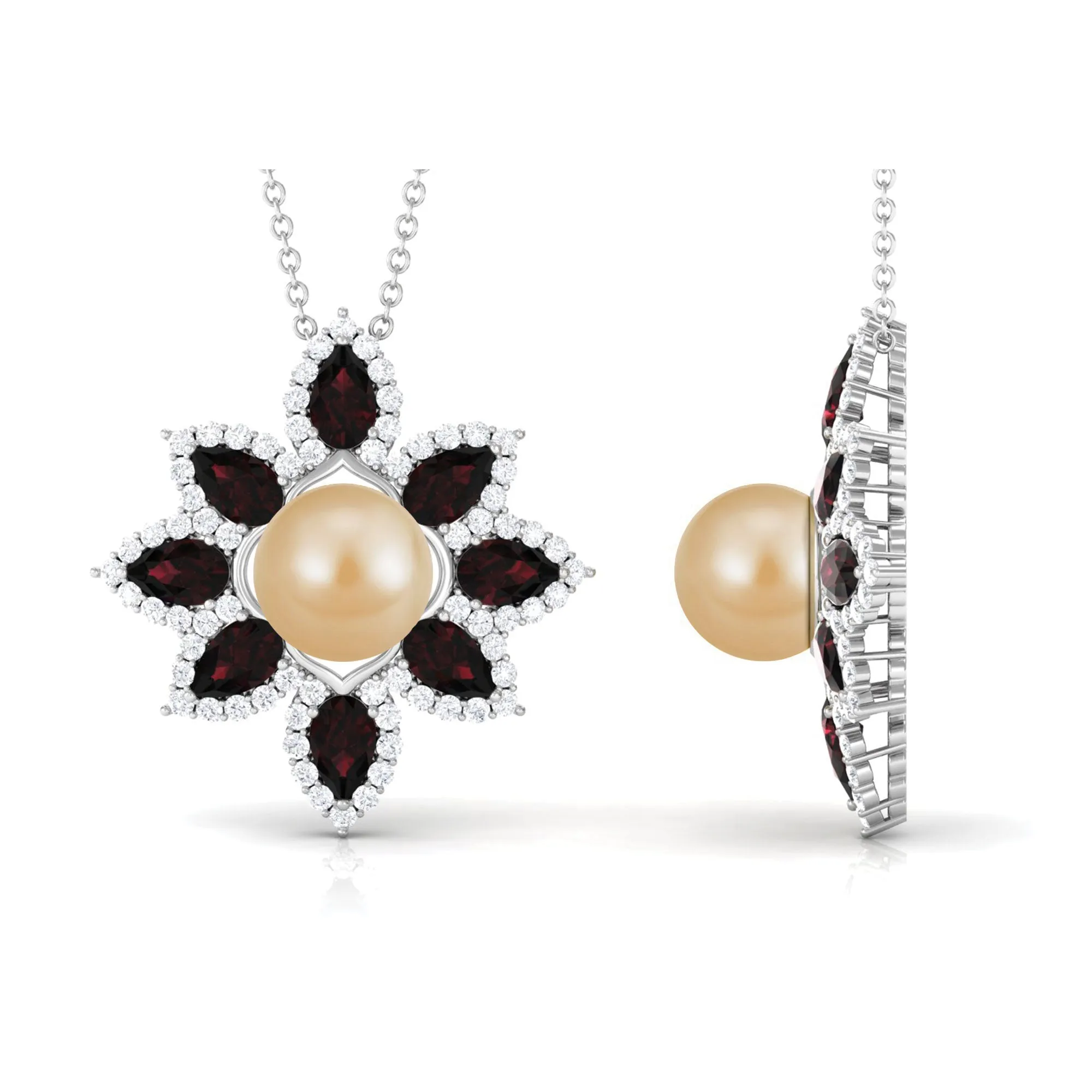 South Sea Pearl Flower Pendant Necklace with Garnet and Diamond