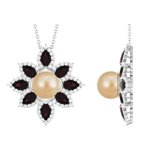 South Sea Pearl Flower Pendant Necklace with Garnet and Diamond