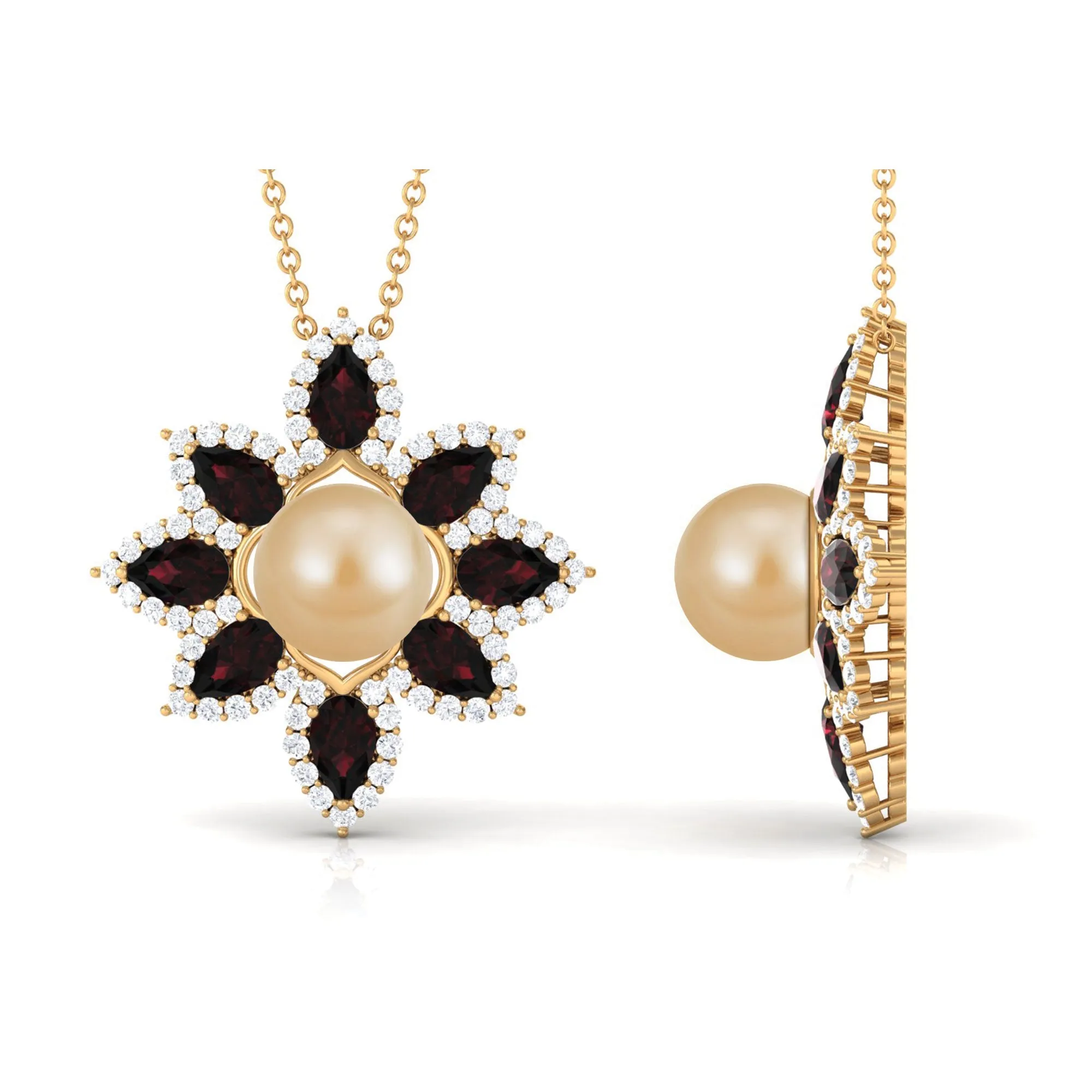 South Sea Pearl Flower Pendant Necklace with Garnet and Diamond