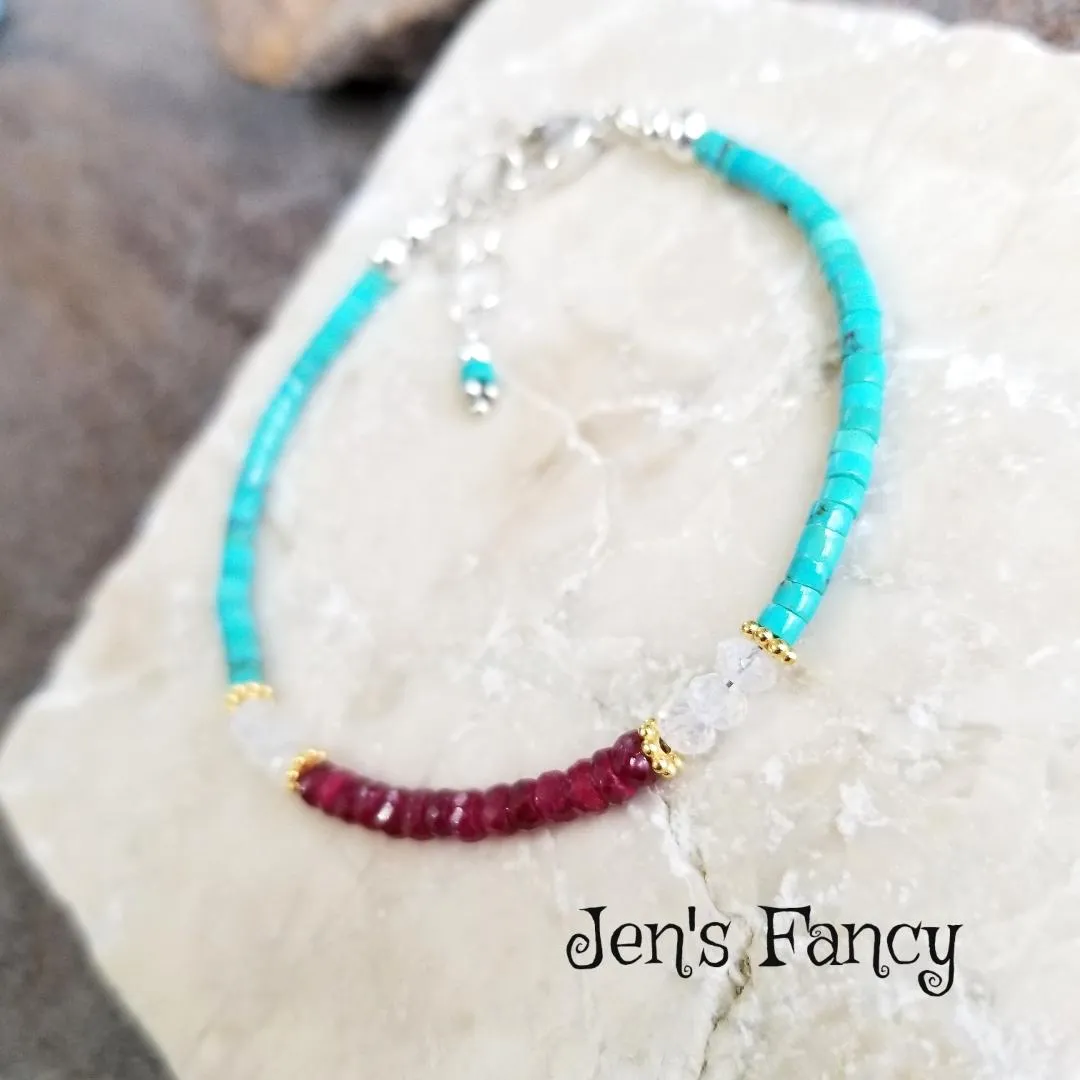Turquoise & Ruby Gemstone Bracelet with Moonstone Sterling Silver