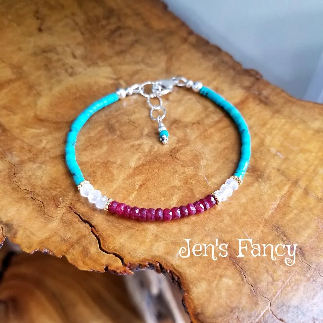 Turquoise & Ruby Gemstone Bracelet with Moonstone Sterling Silver