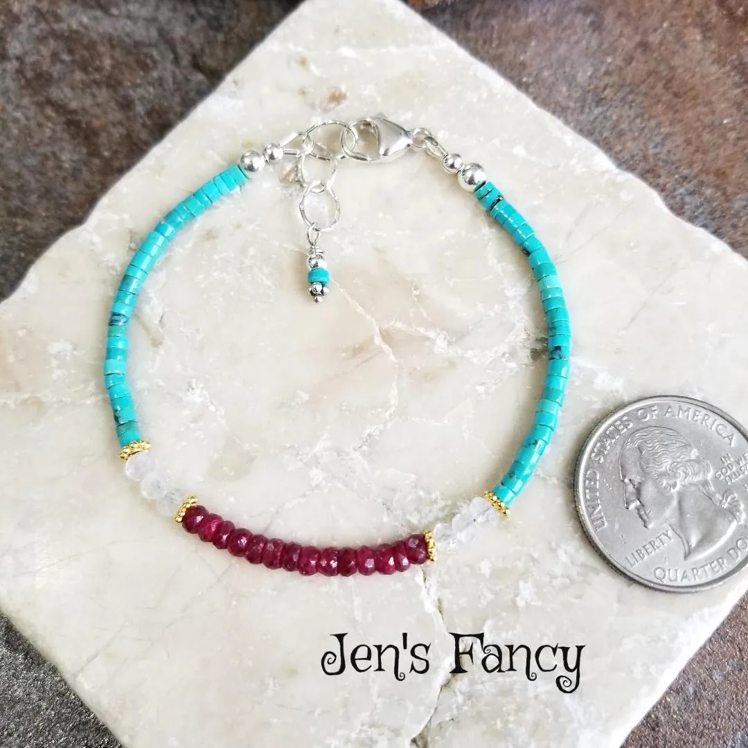 Turquoise & Ruby Gemstone Bracelet with Moonstone Sterling Silver