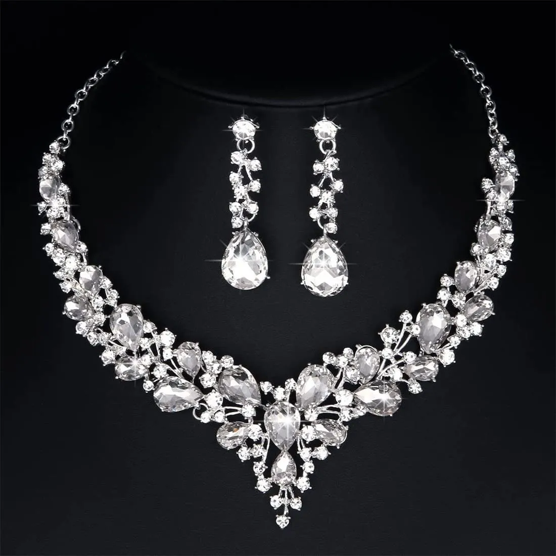 Yellow Chimes Jewellery Set for Women and Girls Fashion White Crystal Jewellery Set for Women | Silver Toned Crystal Choker Necklace Set | Birthday Gifts For Women Valentine Gift for Girls